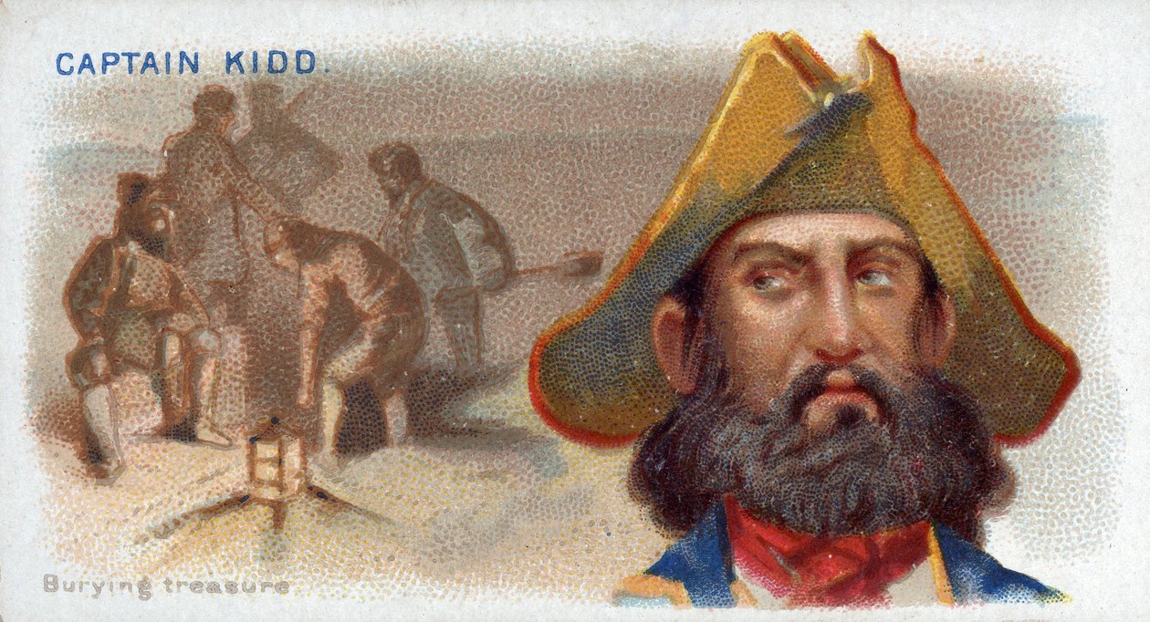 Capitão Kidd do cartão do cigarro, enterrando o tesouro, dos piratas da série principal espanhola (N19), bar. 1888 de American School
