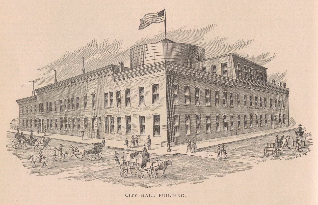 Edifício da câmara municipal, ilustração da História de Chicago vol. 2 de Alfred Theodore Andreas, publicado em 1885 de American School