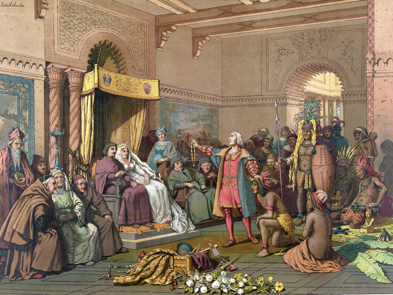 Colombo na corte de Barcelona com índios do Novo Mundo, fevereiro de 1493, pub.1893 de American School