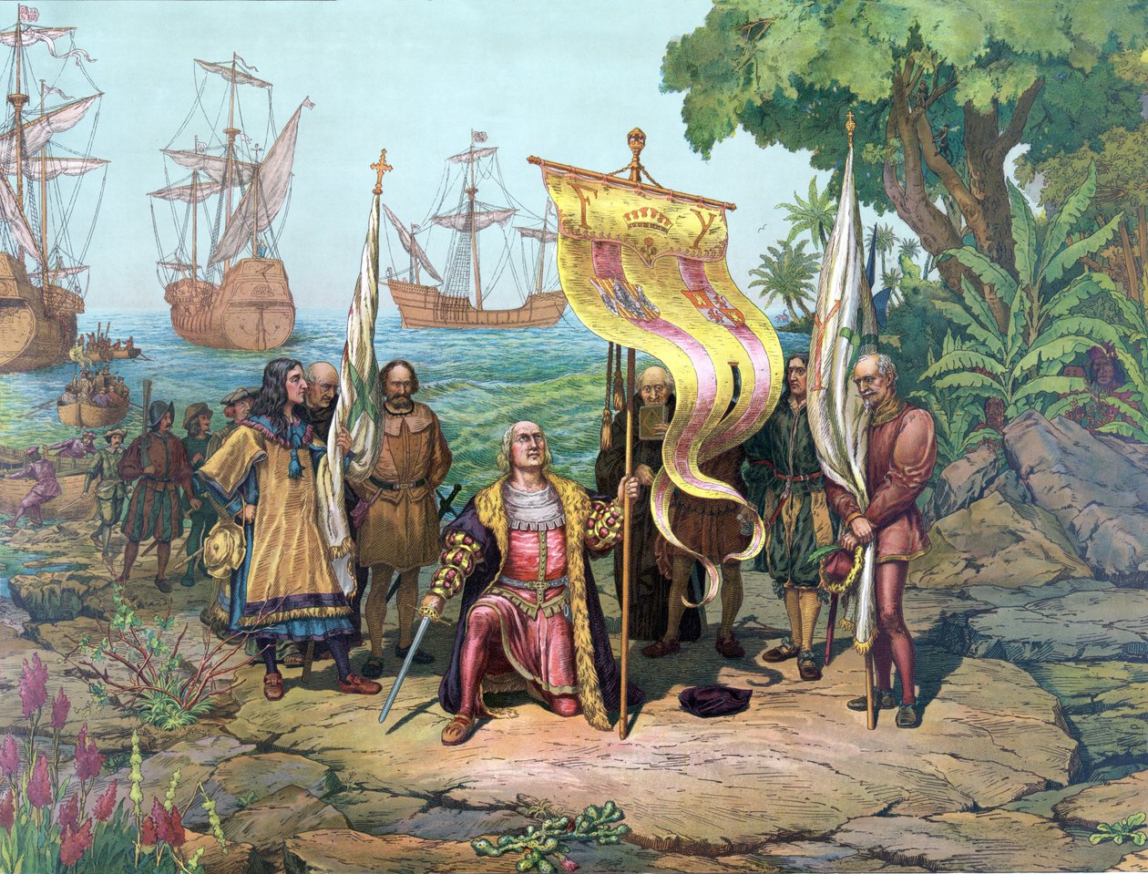 Columbus tomando posse do New Country, pub. 1893 (lito colorido) de American School
