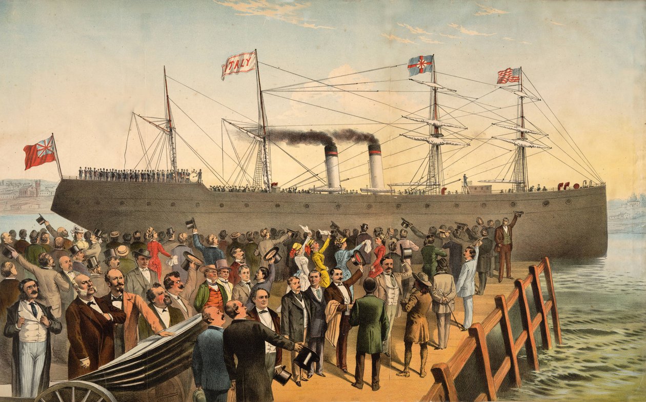 Partida do navio a vapor Itália, pub. 1875 de American School