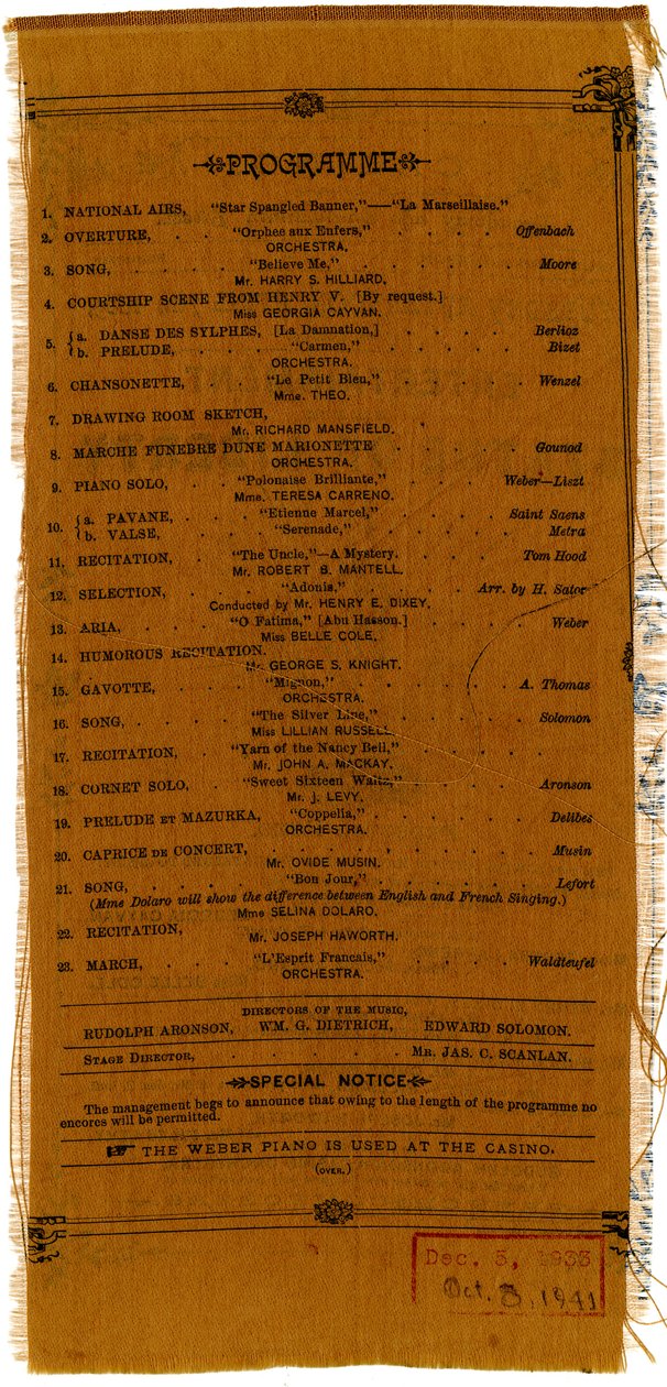 Entretenimento em Socorro do Fundo de Pedestal da Estátua da Liberdade [verso], 1885 (tecido estampado) de American School