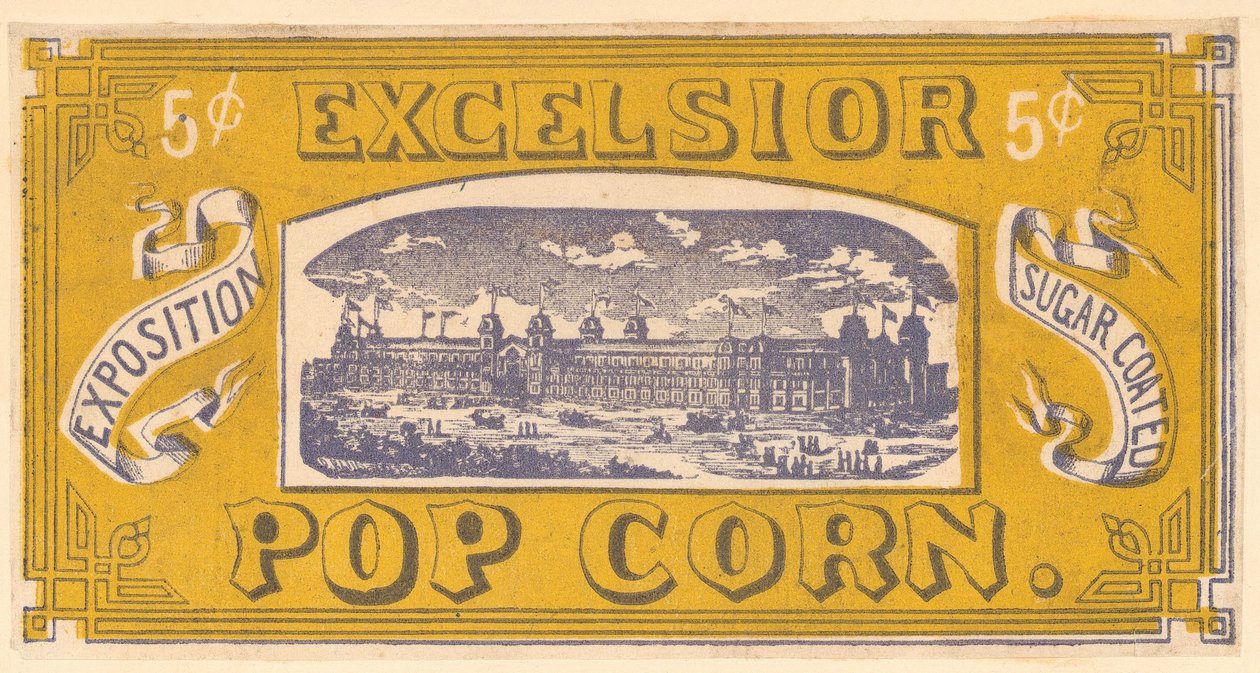 Excelsior pipoca tradecard, exposição do centenário, Filadélfia, 1876 de American School