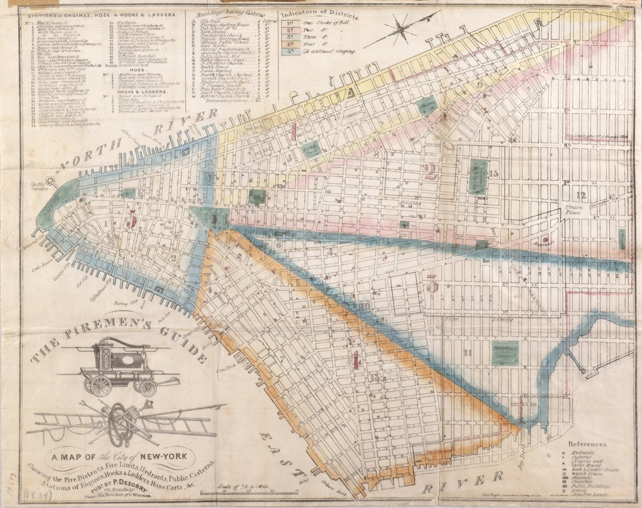 Guia de Firemans - um mapa de Nova Iorque que mostra os distritos do fogo, 1834 (tinta preta com acréscimos da lavagem da cor no papel) de American School
