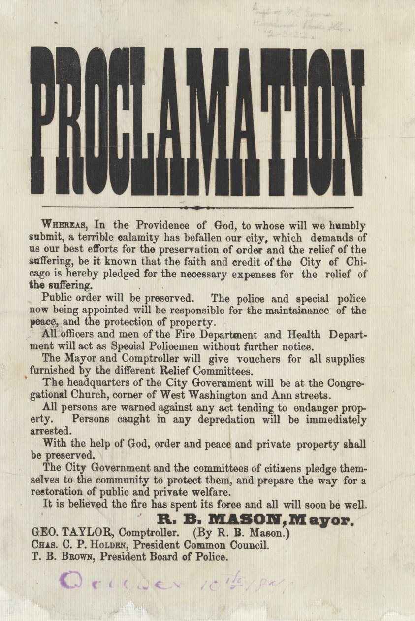 Primeira proclamação pelo prefeito de Chicago Roswell B. Mason sobre o incêndio de Chicago, 1871 (papel de jornal) de American School