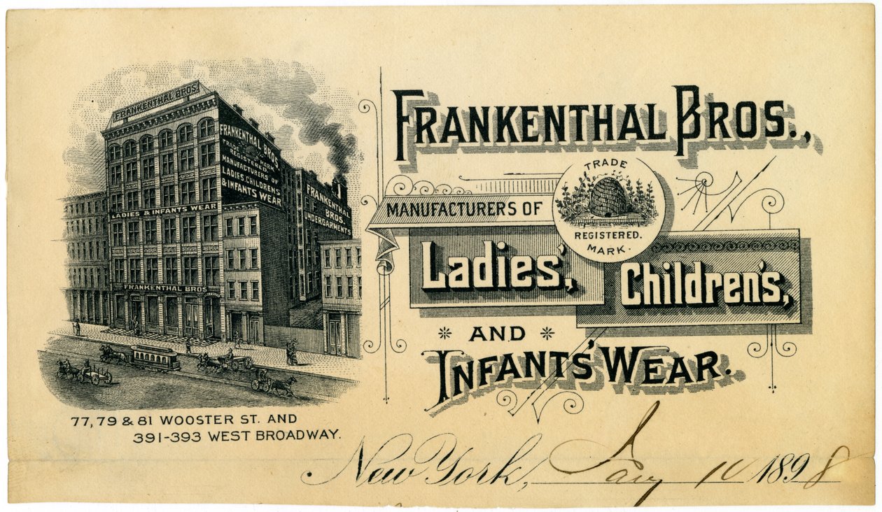 Frankenthal Bros., fabricantes de senhoras, crianças e bebês usam [cartão de comércio], 1898 de American School