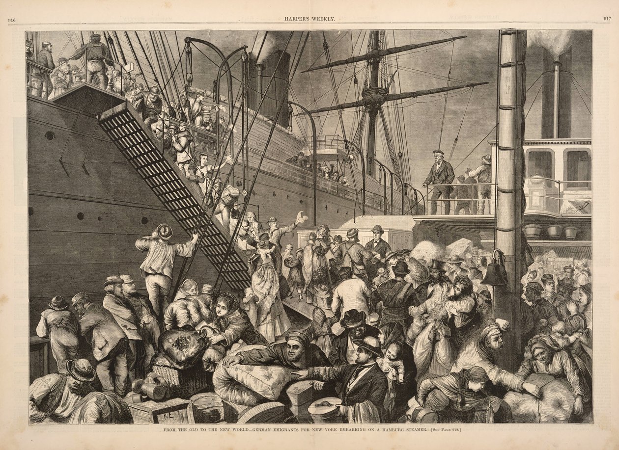 Do velho para o novo mundo Emigrantes alemães para Nova York embarcando em um vapor de Hamburgo, da Harpers Weekly, pub.1874 de American School