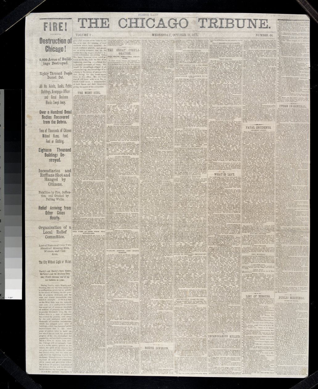 Primeira página do Chicago Tribune sobre o incêndio de Chicago de 1871, 1871 de American School
