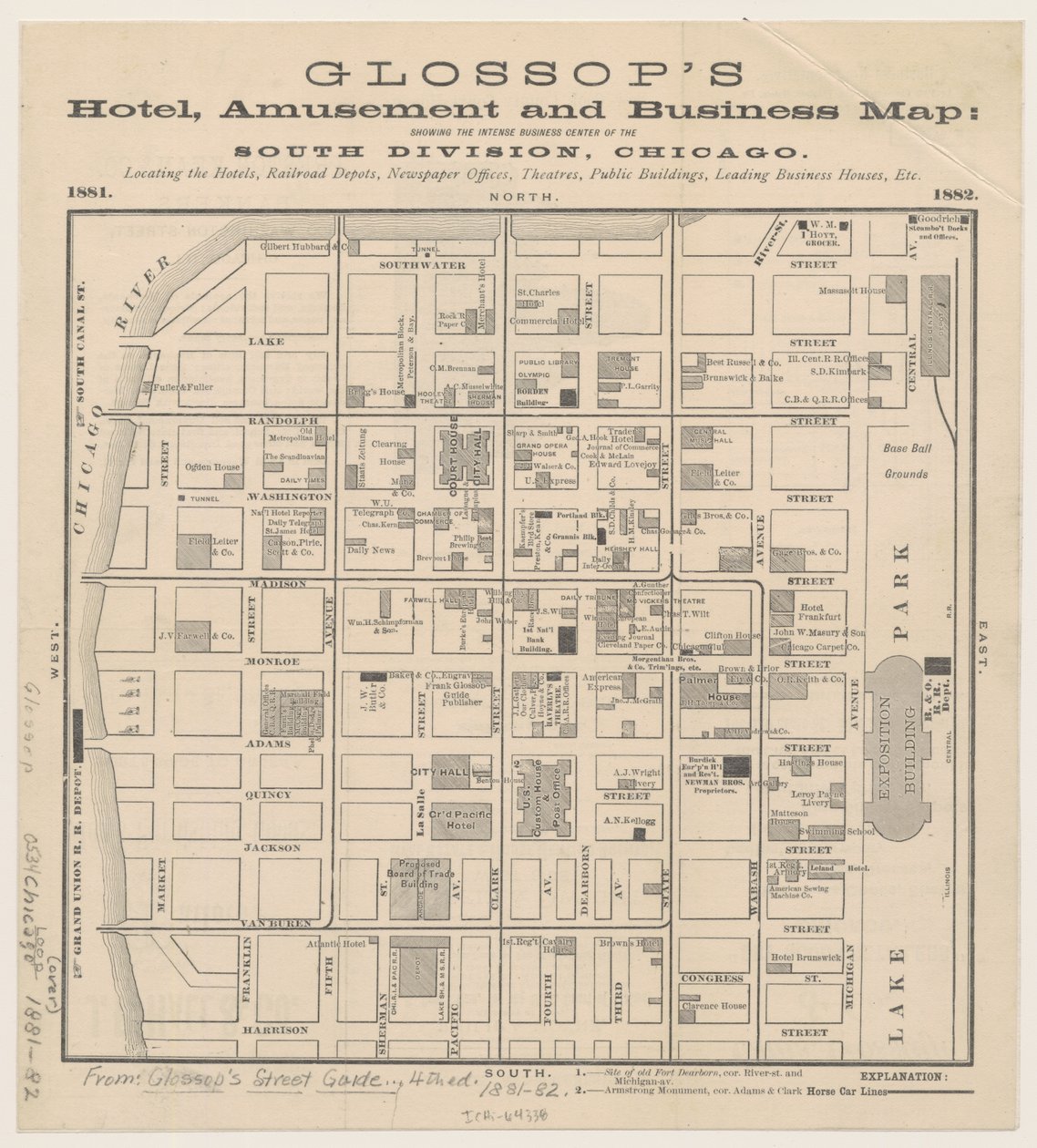 Glossops Hotel, Mapa de Diversões e Negócios, c.1881-82 de American School