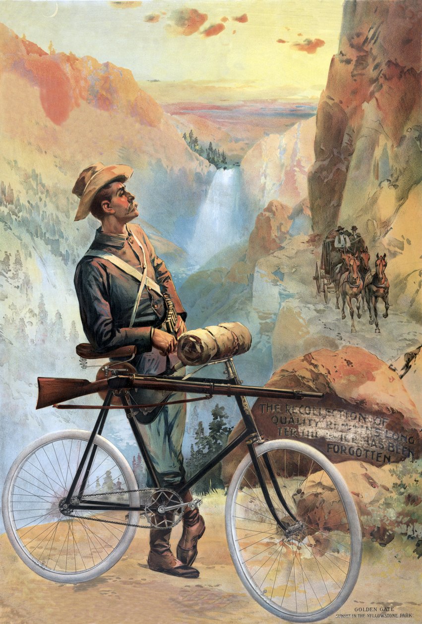 Golden Gate, por do sol no parque de Yellowstone, bar. 1897 de American School