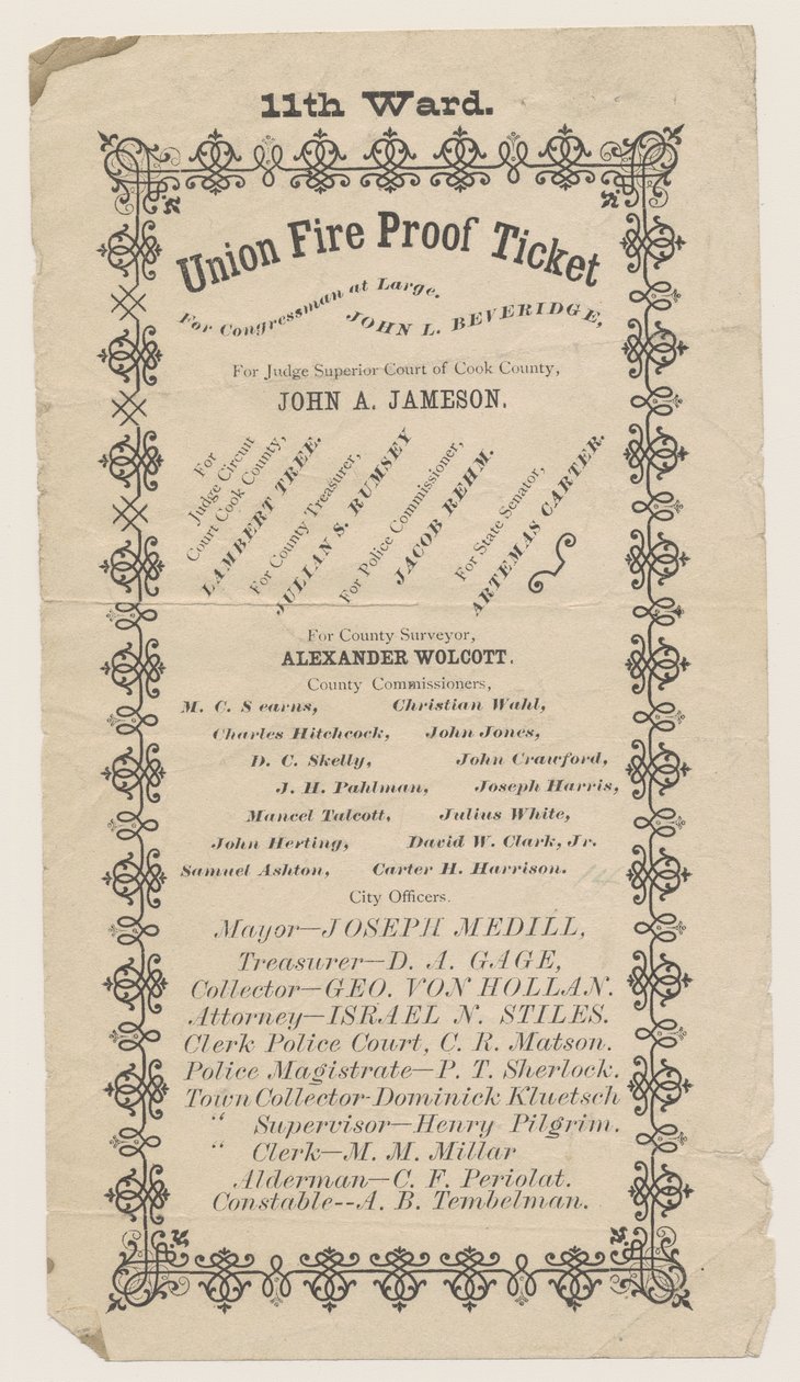 Folheto do 11o Ingresso de Prova de Fogo de União de Custódia, Chicago, 1871 de American School