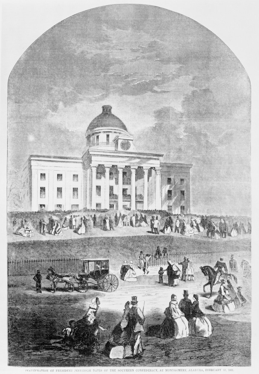 Inauguração do Presidente Jefferson Davis da Confederação do Sul, em Montgomery, Alabama, pub. por Harpers Weekly, 18 de fevereiro de 1861 de American School