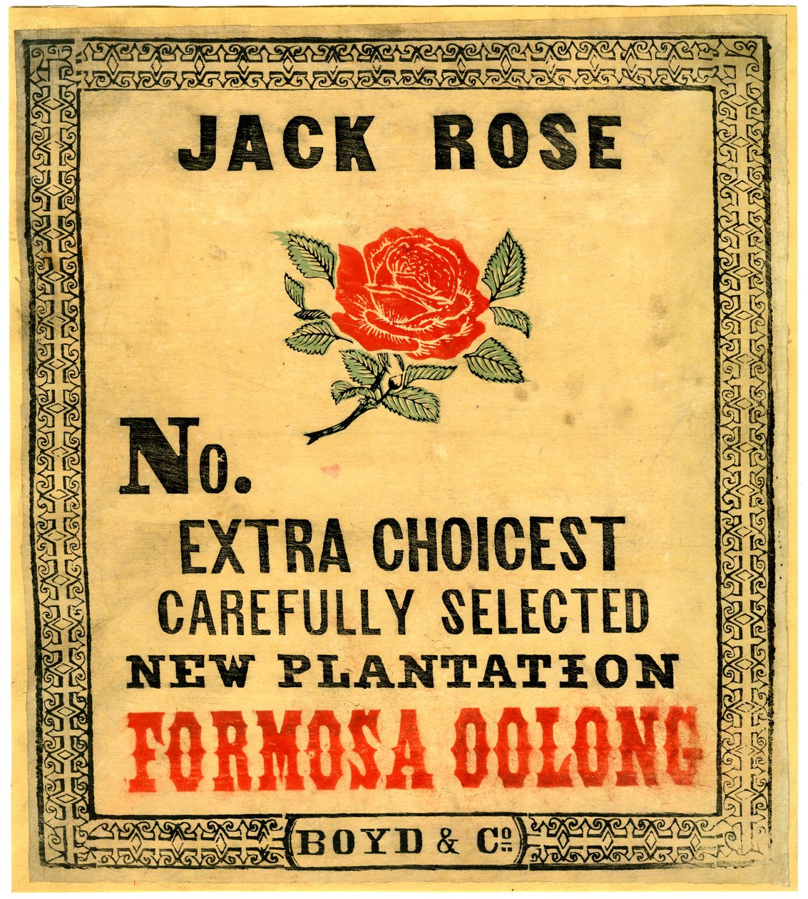 Jack Rose, não. Extra Choicest cuidadosamente selecionado New Plantation Formosa Oolong., (Impressão de bloco (tinta colorida sobre papel com apoio)) de American School