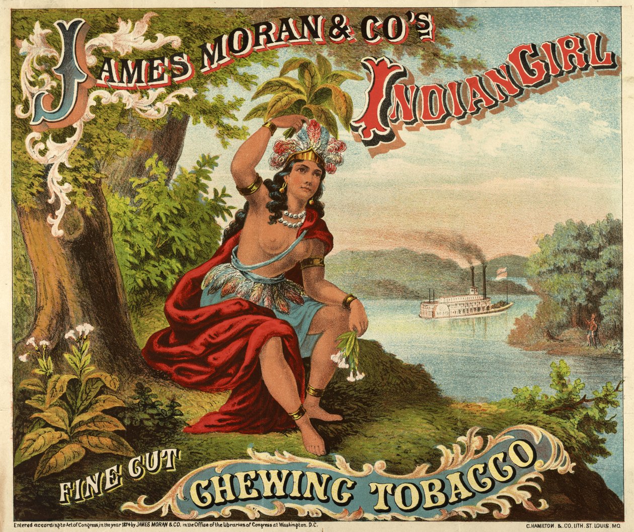 James Moran & Co.s Indian Girl Corte fino Chewing Tobacco, pub., C.1874 (oolour litho) de American School