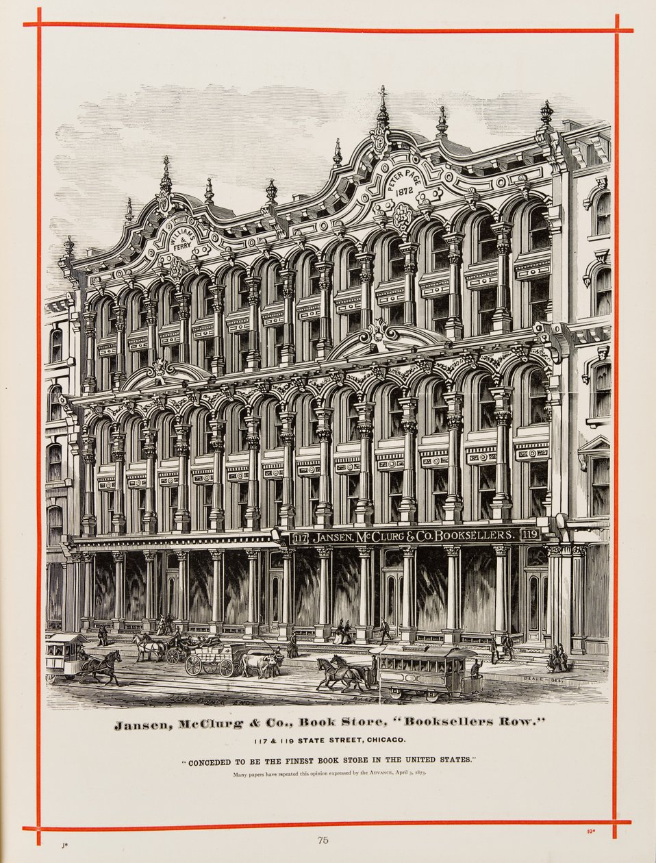 Livraria Jansen, McClurg and Company em 117 e 119 State St., Chicago. Ilustração em The Merchants and Manufacturers of Chicago Illustrated, 1873 de American School