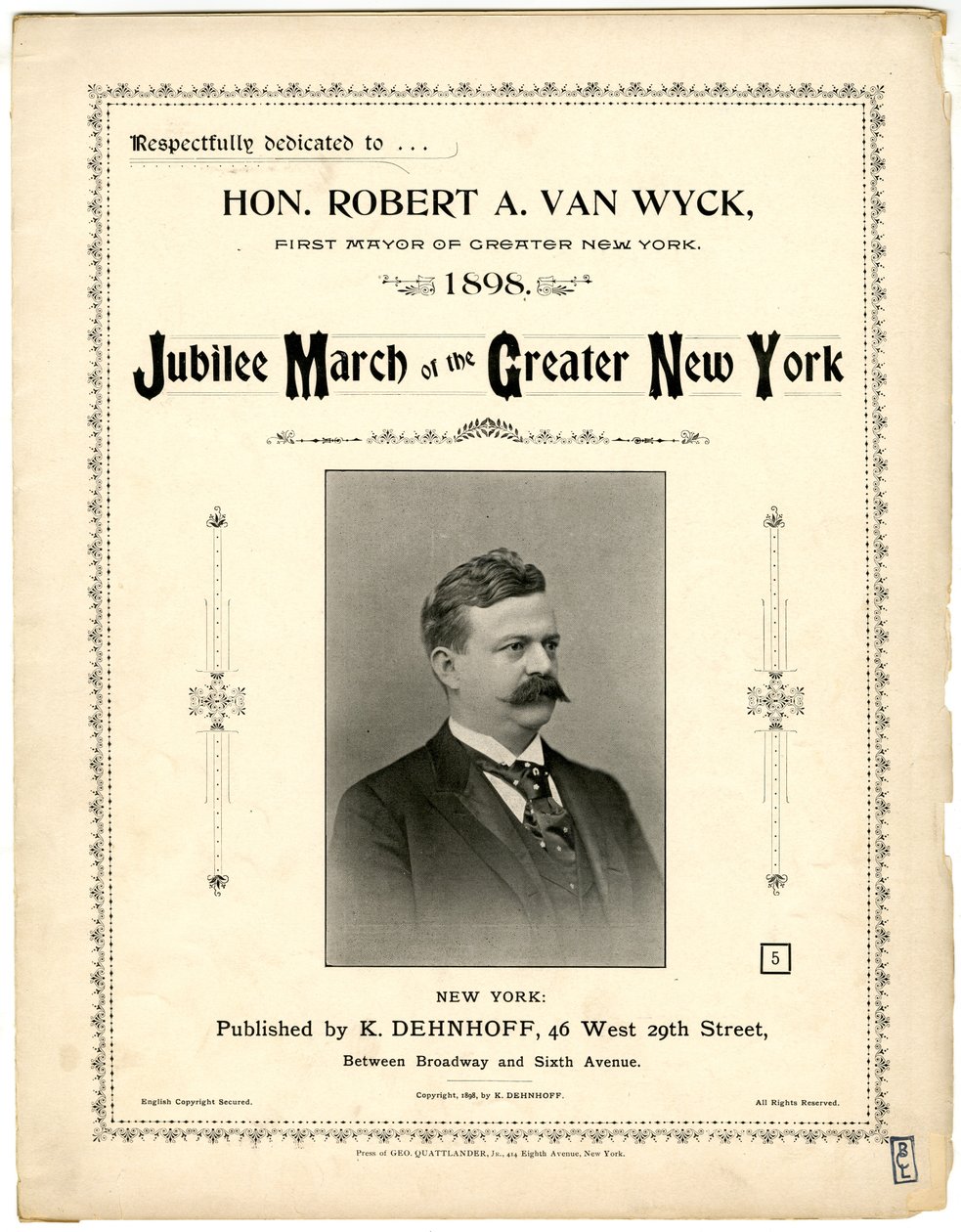 Jubilee March of Greater New York [cover de música de partitura], 1898 (litografia [cover de partituras musicais]) de American School