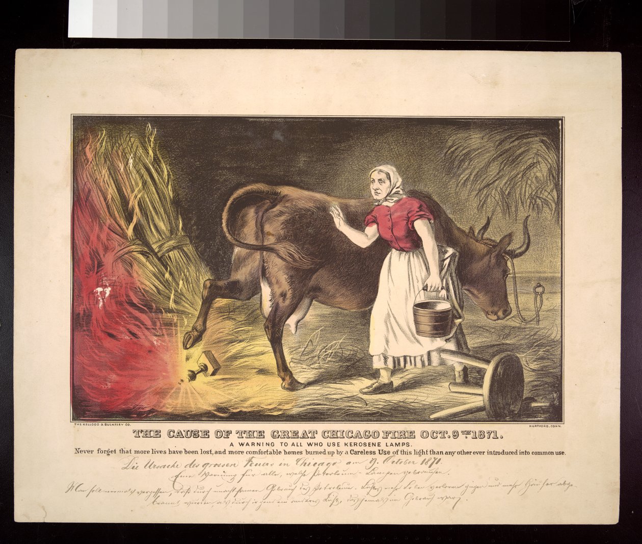 Kate OLeary com sua vaca derrubando uma lanterna, o início mítico do incêndio de Chicago de 1871, c.1872 de American School