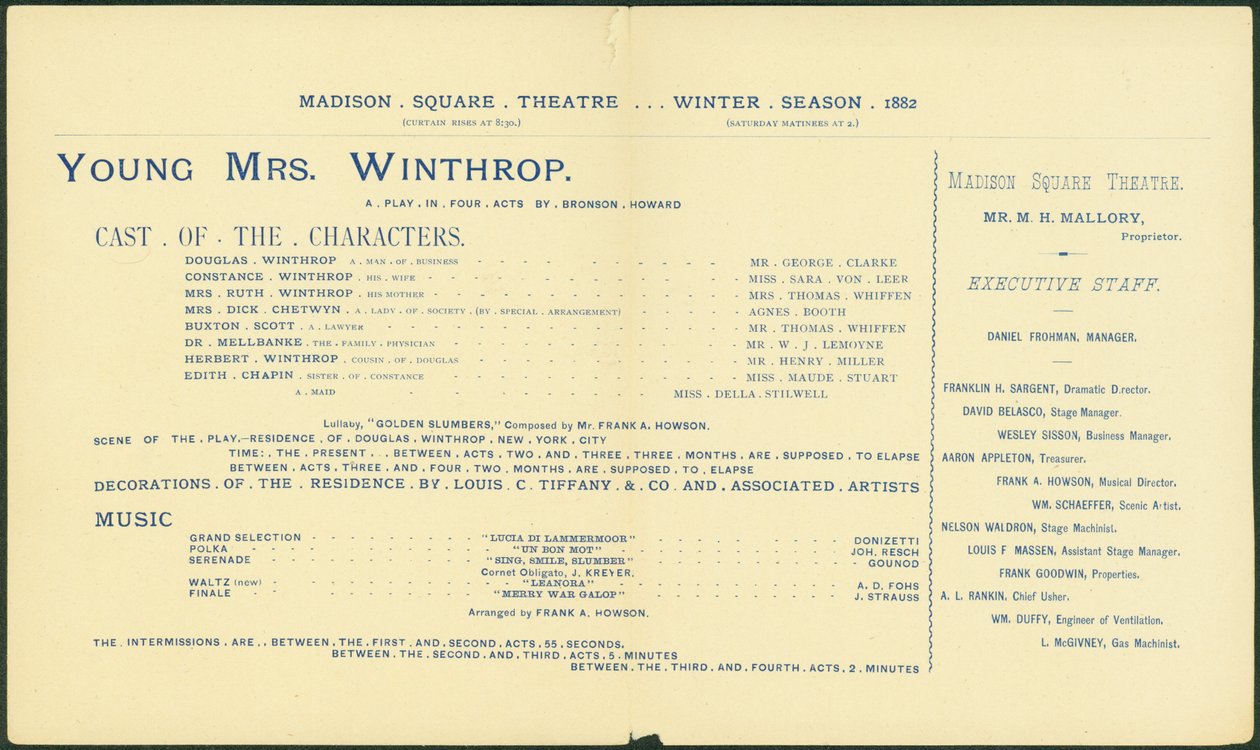 Madison Square Theatre, temporada de inverno de 1882 a 1883, programa para a jovem Mrs. Winthrop. [interior], 1882 de American School
