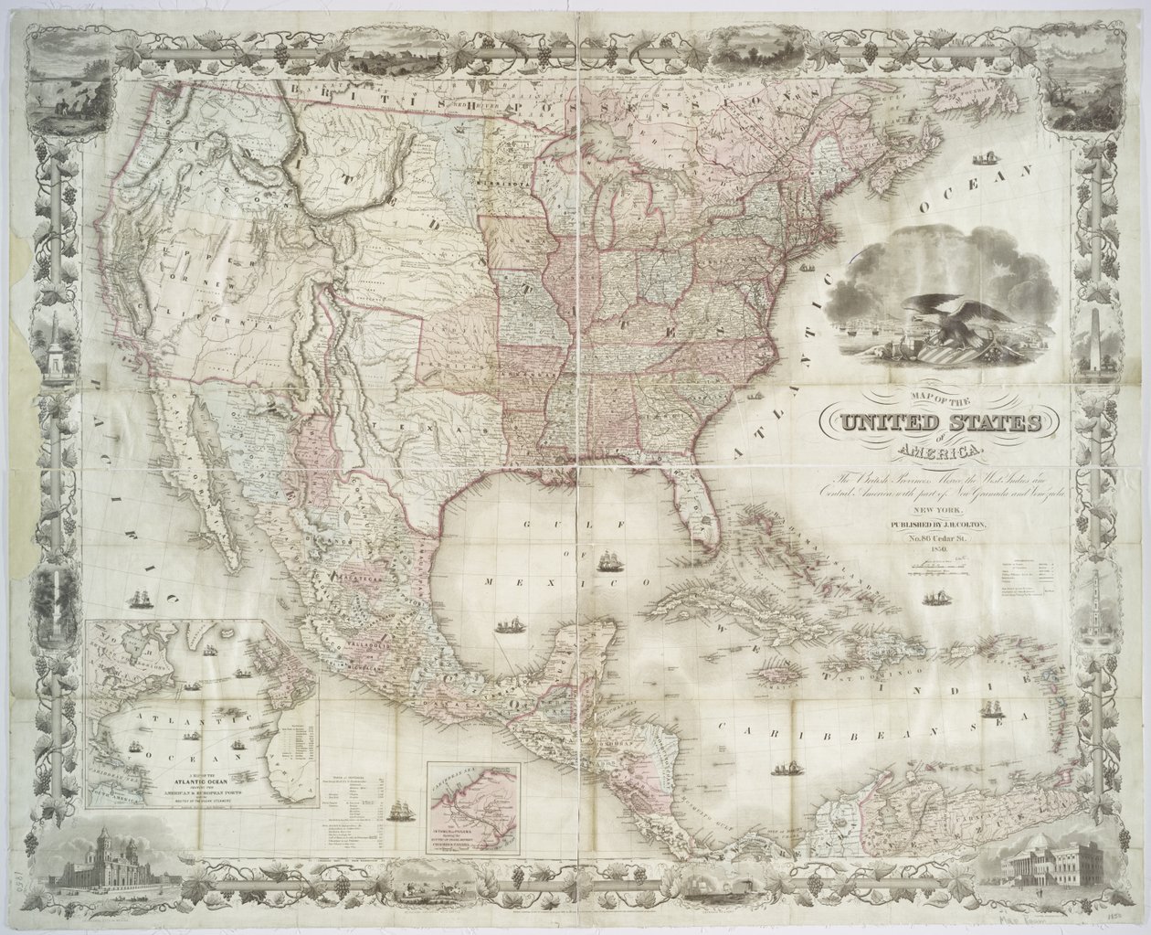 Mapa dos Estados Unidos da América, províncias britânicas, México, Índias Ocidentais e América Central, 1850 (impressão colorida à mão) de American School
