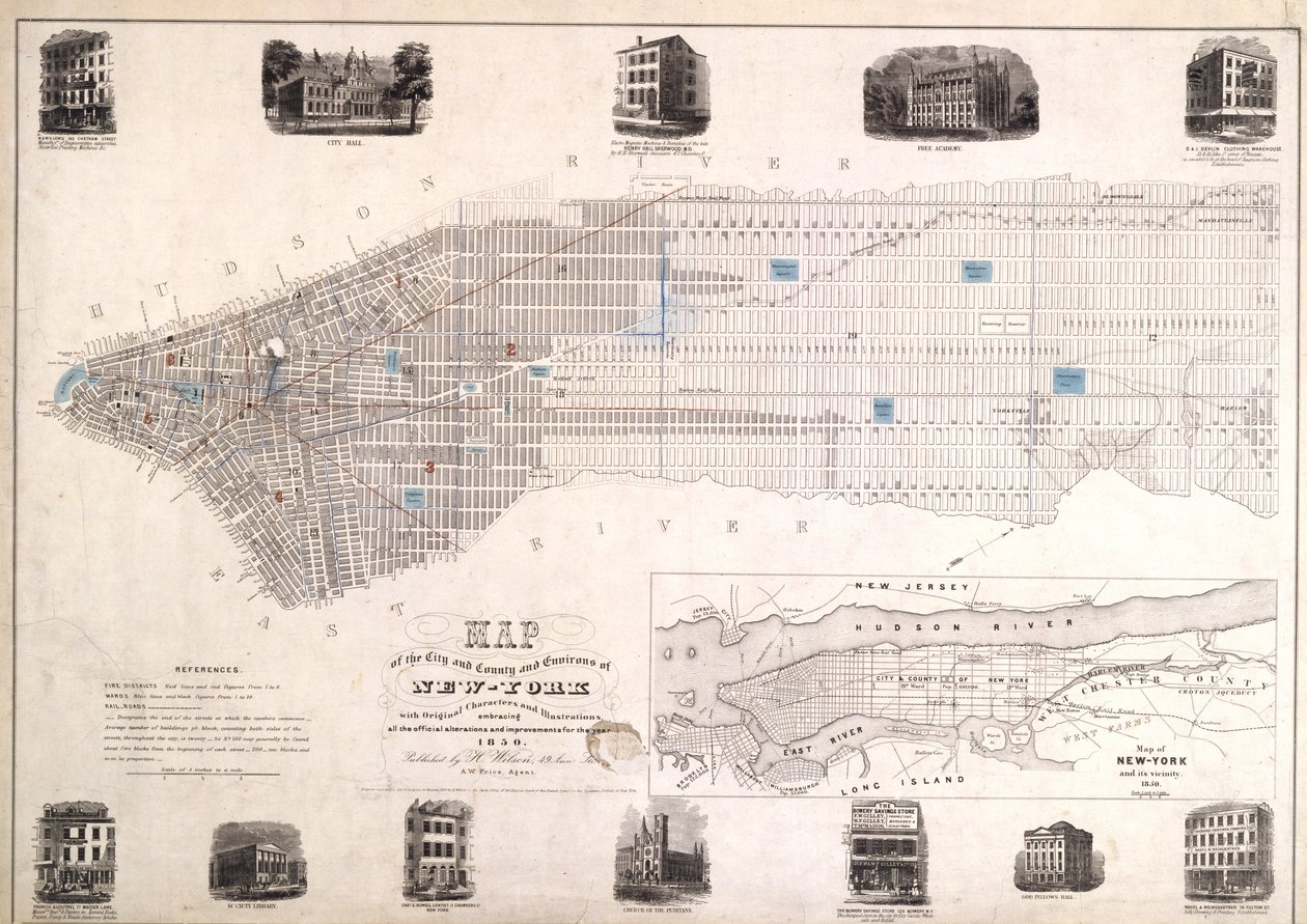 Mapa dos arredores da cidade e do condado de Nova York com personagens e ilusões originais, 1850, 1850 (tinta preta sobre papel, apoiada com tecido) de American School