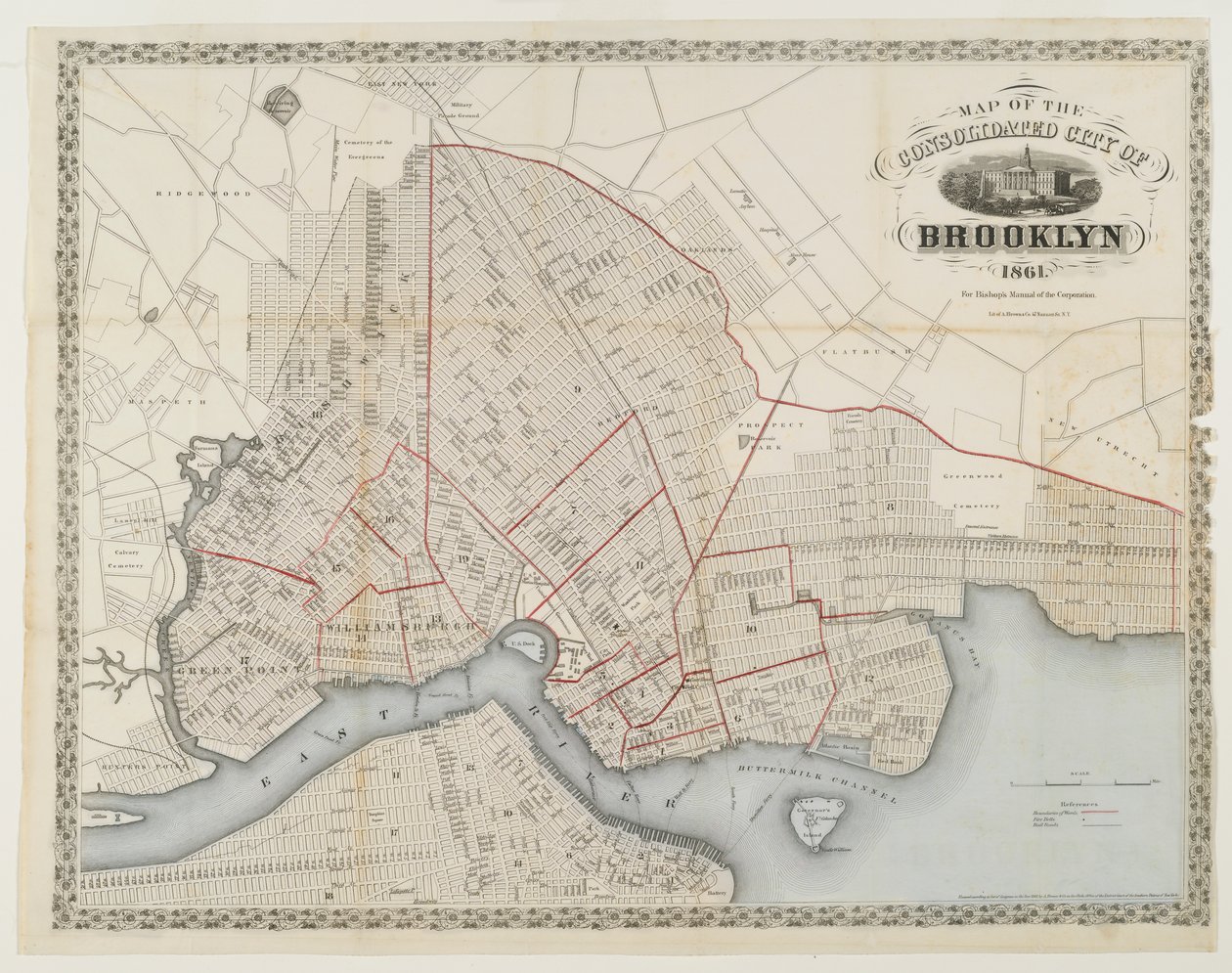 Mapa da cidade consolidada de Brooklyn, 1861 (gravura com wc) de American School