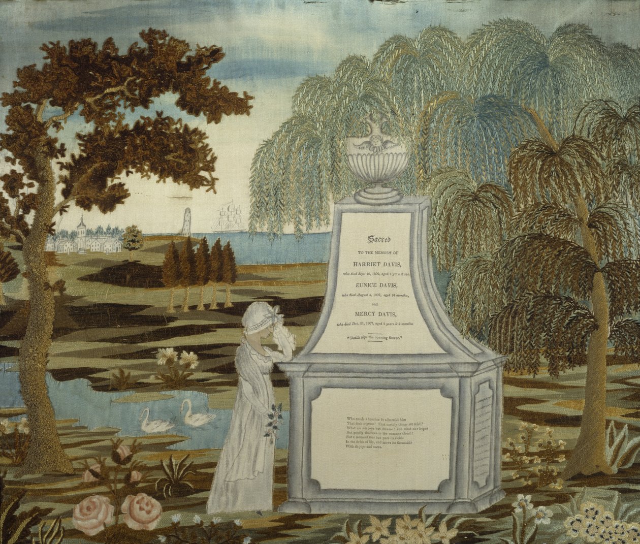 Memorial Embroidered Picture, datado de 1807, trabalhado entre 1820 e 1826 (seda, tinta, papel e aquarela) de American School
