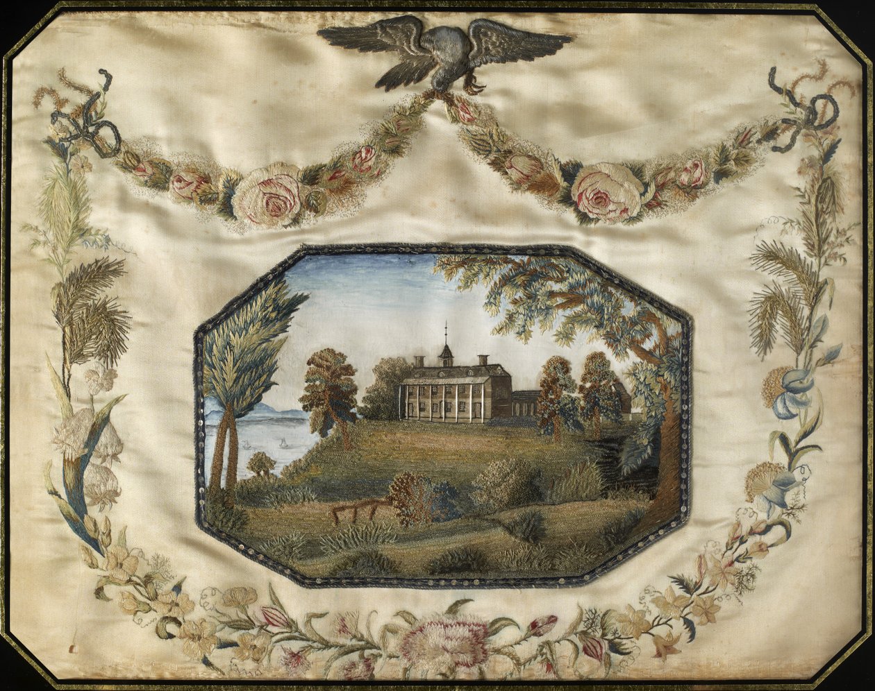 Mount Vernon, na Virgínia A sede do falecido Tenente. General George Washington, c. 1800-1805 (seda, fios dourados e prateados, com aguarela e lantejoulas) de American School