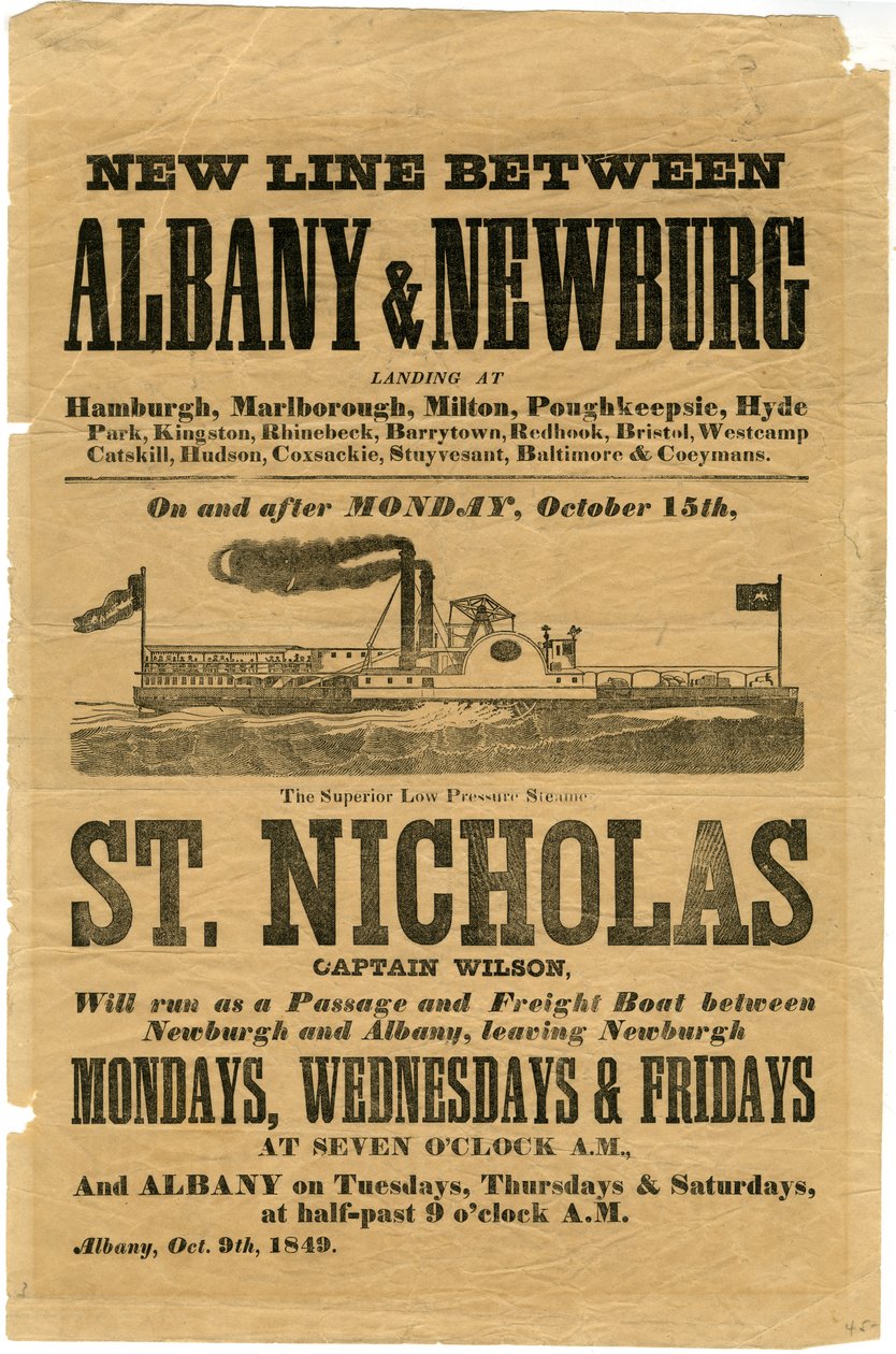 Nova linha entre Albany e Newburg ... O vapor de baixa pressão superior São Nicolau, 1849 (gravura em madeira) de American School