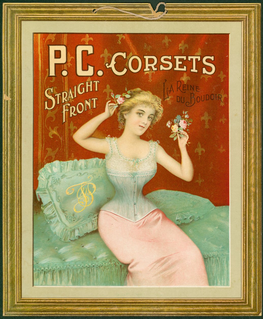 Espartilhos PC, Frente Direta, La Reine Du Boudoir (litografia colorida no cartão com corda pendurada) de American School