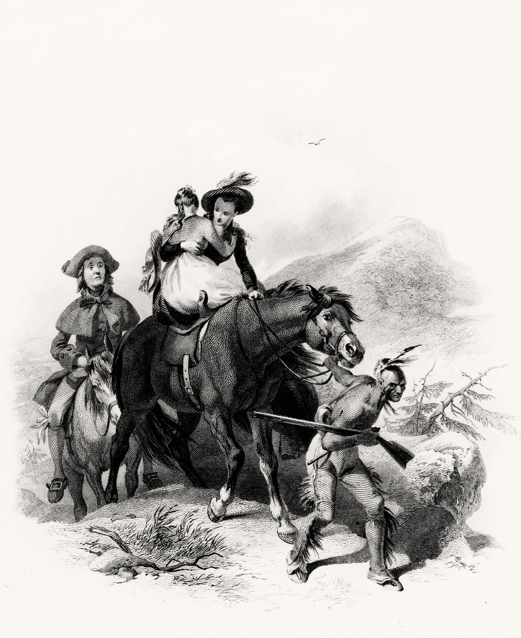 Colocando Alice no mesmo cavalo com Cora, ele agarrou o freio e começou sua rota mergulhando mais fundo na floresta, ilustração de Last of the Mohicans, de James Fennimore Cooper, 1826. de American School