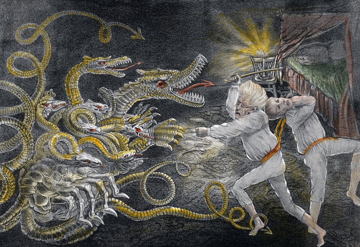 Quixotismo político mostrando as conseqüências do sono em Espetáculos Mágicos Patentes, o Hércules Diplomático, atacando a Hidra Política, pub. 1833 (gravura colorida à mão) de American School
