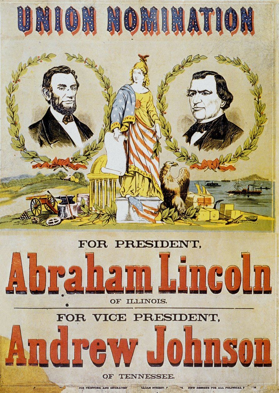 Cartaz para as eleições presidenciais americanas: candidato Abraham Lincoln e seu vice-presidente Andrew Johnson, 1860 de American School