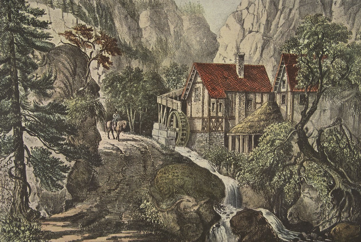 Quebra-cabeça Foto - Old Swiss Mill, pub. 1872, Currier & Ives de American School
