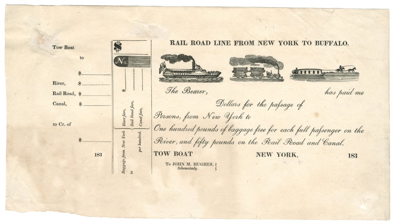 Linha férrea de Nova York a Buffalo [Bilhete de barco de reboque], década de 1830 (gravura em madeira [bilhete]) de American School