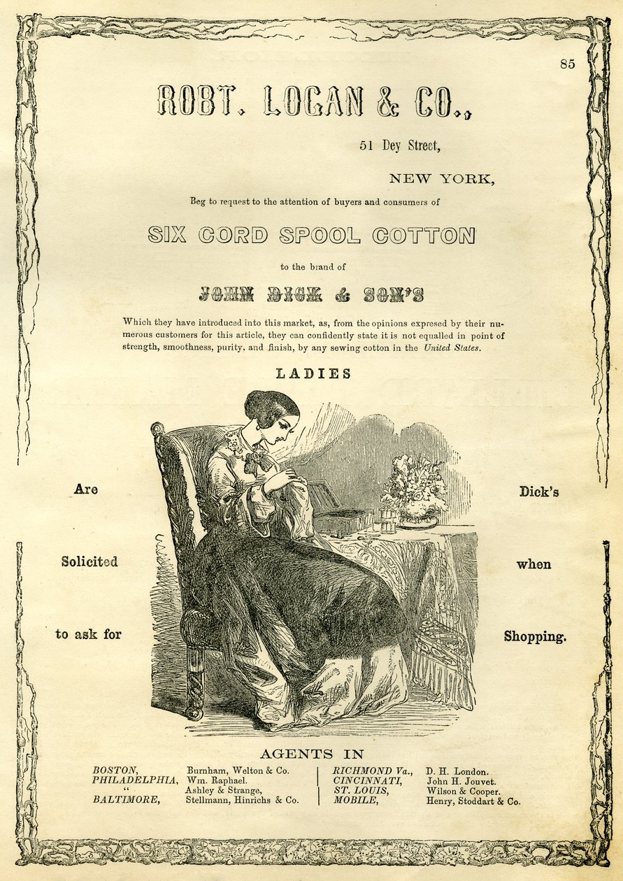 Robt Logan & Co., 51 Dey Street, Nova York - Implore para chamar a atenção de compradores e consumidores da Six Cord Spool Cotton para a marca de John Dick & Sons (gravura em madeira) de American School