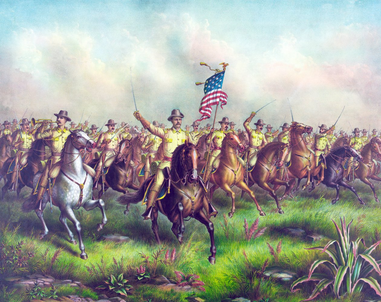 Rough-Riders, liderado pelo coronel Theodore Roosevelt, pub. 1898 (gravura colorida à mão) de American School