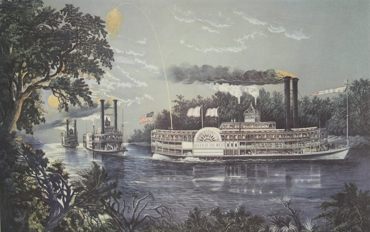 Arredondamento de uma curva no Mississippi, Steamboat Rainha do Oeste, pub. 1866, Currier & Ives de American School