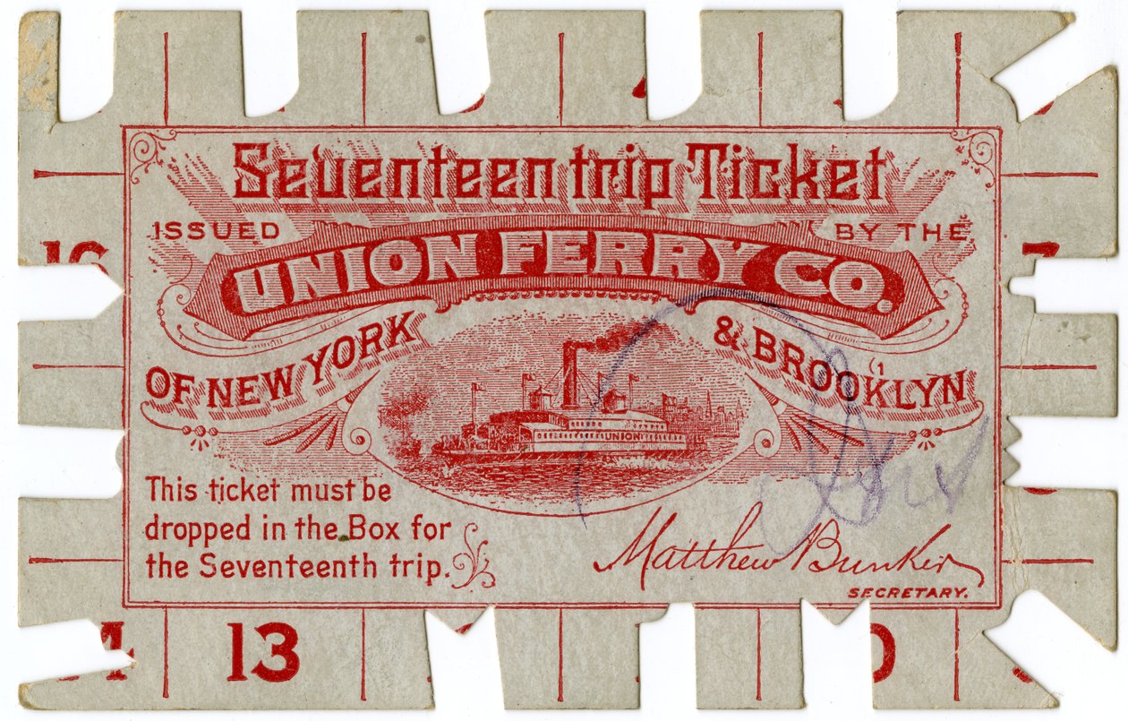 Bilhete de viagem de dezessete anos, emitido pela Union Ferry Co. de Nova York e Brooklyn de American School