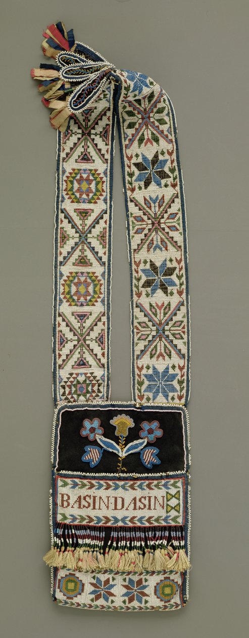 Bolsa de ombro, Chippewa, nativo americano, c.1850 (lã, fio, algodão e linha, fita de seda e contas de vidro) de American School
