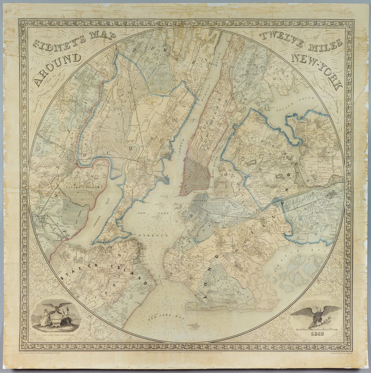 Sidneys Map Twelve Miles Around New York, litografia de Norman Friend (fl.1850-1871), impressa por John Henry Camp (1822-1881), 1849 (cromolitógrafo) de American School
