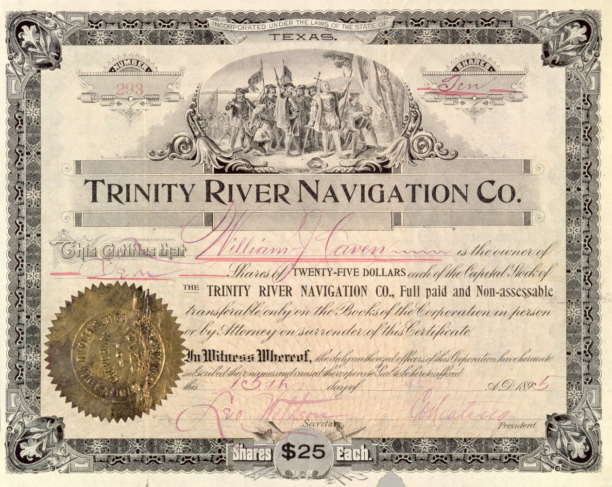 Stock Share da Trinity River Navigation Co., 1895 de American School