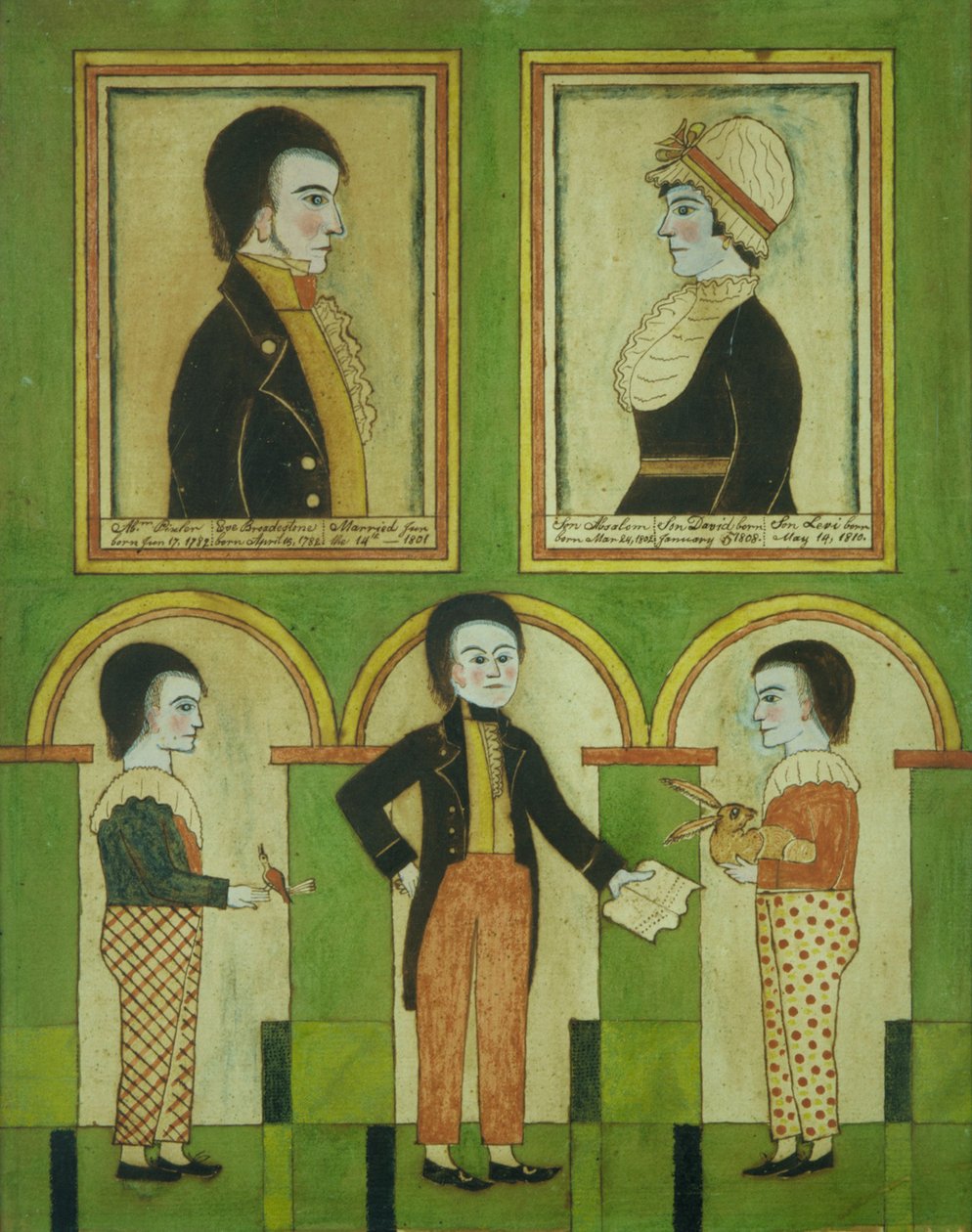 A Família Abraham Pixler, c.1815 (wc, caneta, tinta e guache no papel) de American School