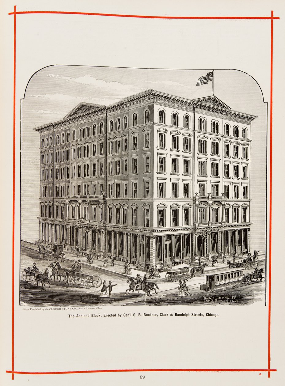 O bloco de Ashland no Clark e Randolph Streets, Chicago, ilustração em The Merchants e fabricantes de Chicago ilustrado, 1873 de American School