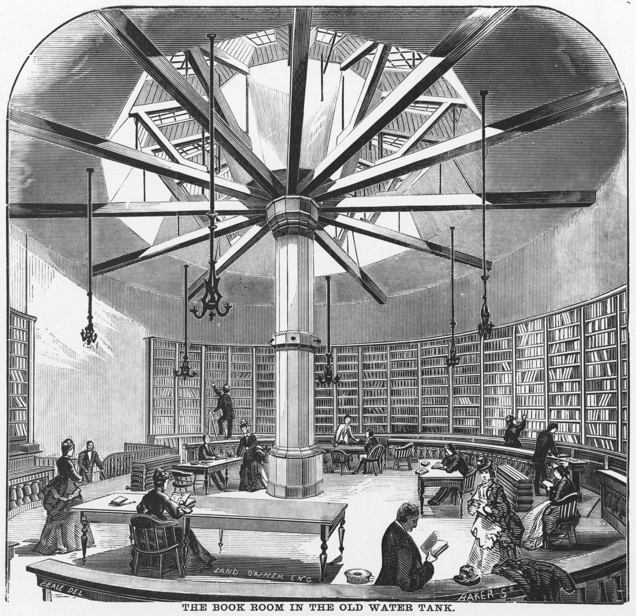 O quarto do livro no tanque de água velho, dos comerciantes e fabricantes de Chicago, publicado pela JM Wing & Co., 1873 de American School