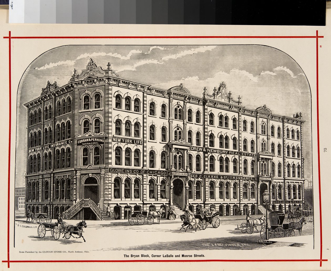 O bloco de Bryan, canto de LaSalle e ruas de Monroe, Chicago, ilustração nos comerciantes e fabricantes de Chicago ilustrados, 1873 de American School