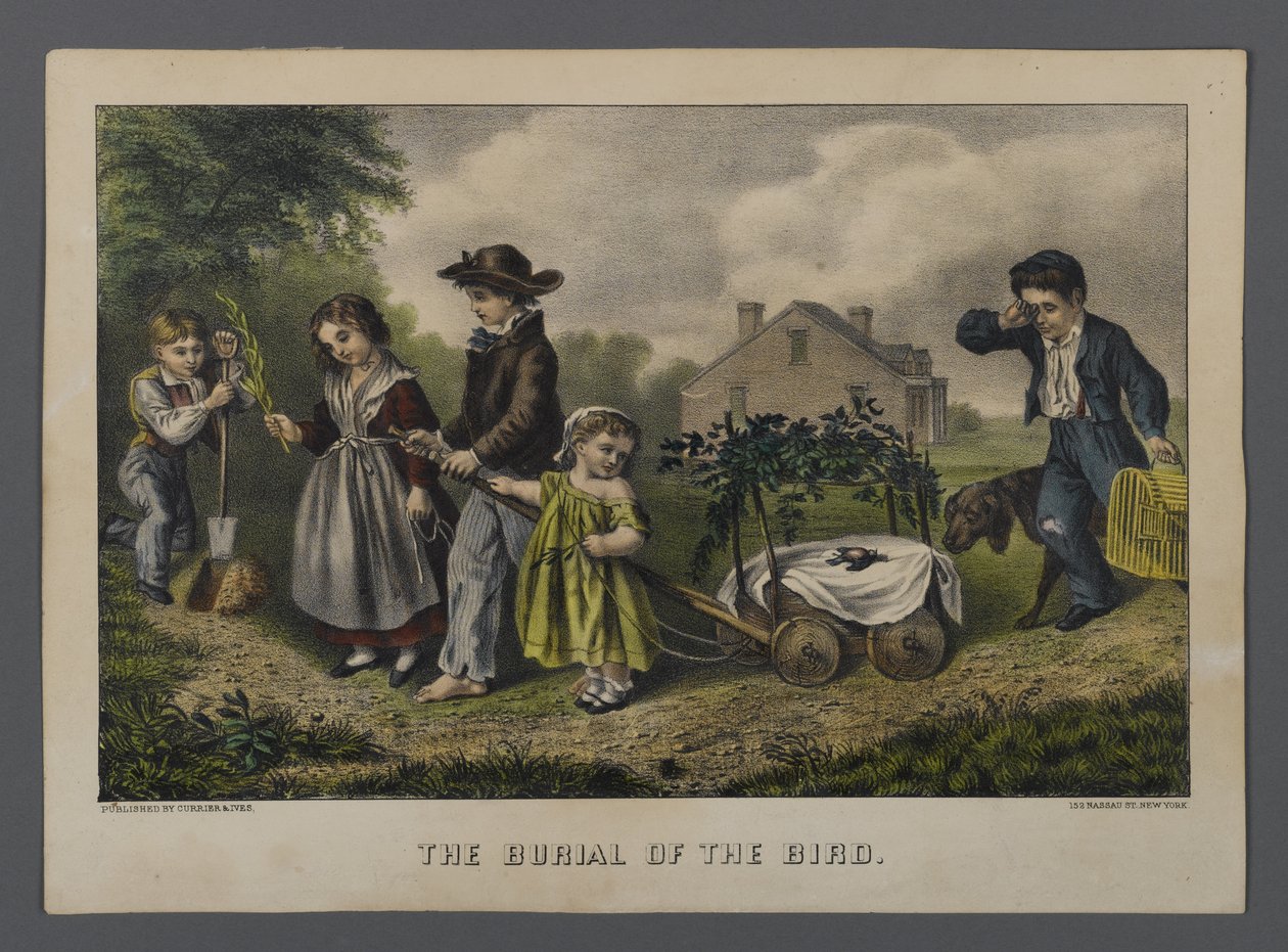 O Enterro do Pássaro, publicado pela Currier & Ives, Nova York (litho colorido à mão) de American School