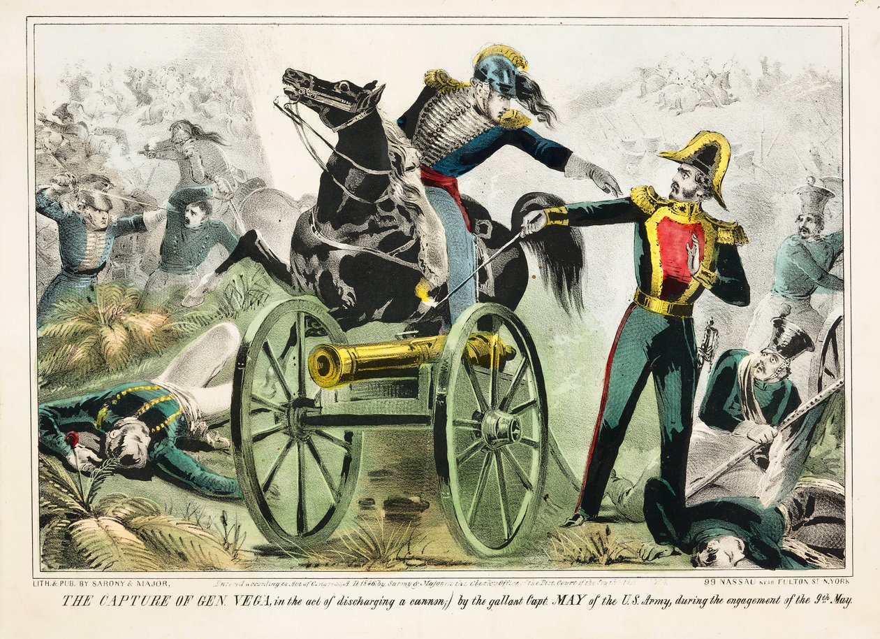 A Captura do General Vega, no ato de descarregar um canhão, pelo galante Capitão May do Exército dos EUA, durante o noivado de 9 de maio, pub.1846 (lito colorido à mão) de American School