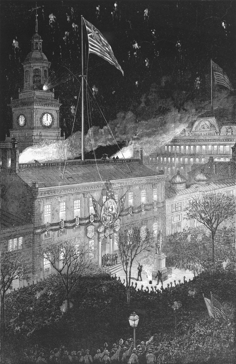 A Quarta Iluminação do Centenário da Independence Hall, 1876 por Schell e Hogan para a Harpers Weekly Magazine de American School