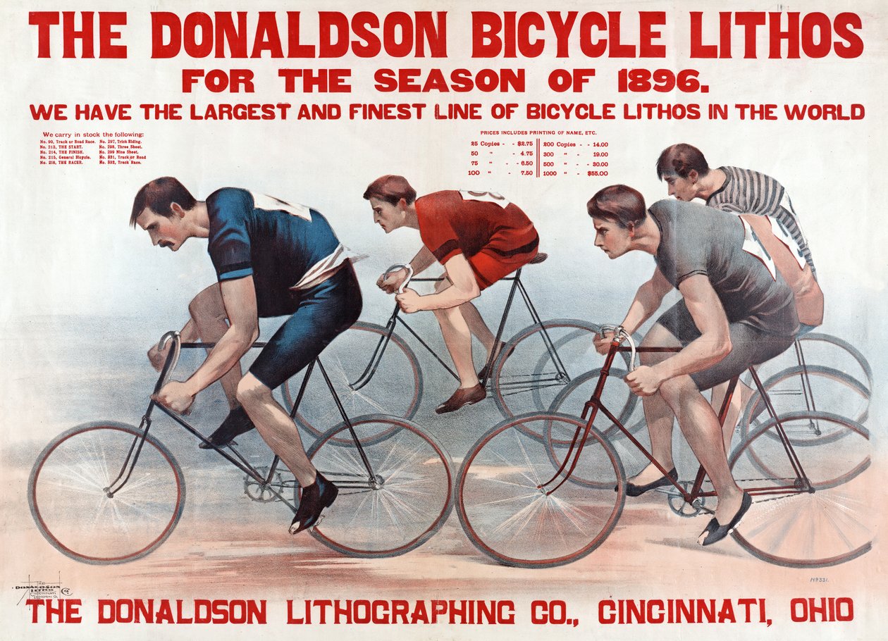 A bicicleta Lithos de Donaldson para a estação de 1896, bar. 1896 (litografia de cor) de American School