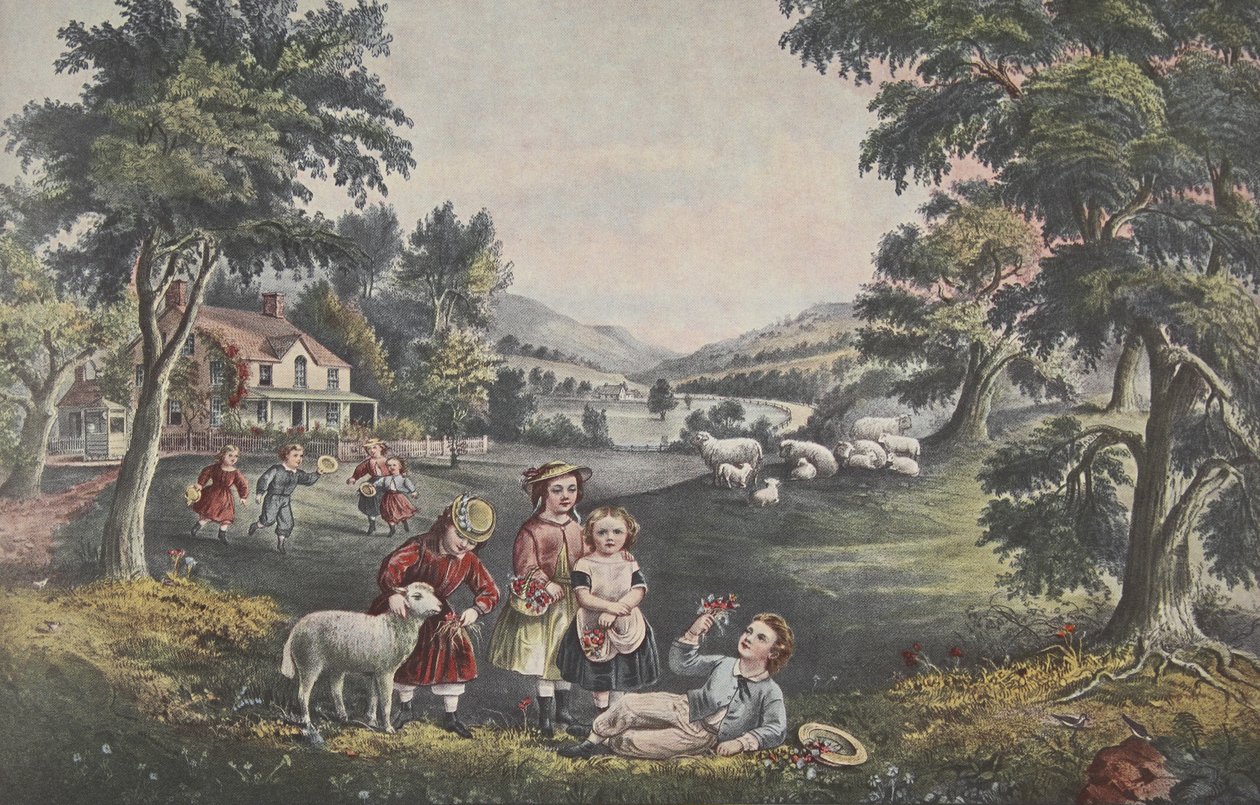 As Quatro Estações da Vida - Infância, pub. 1868, a estação da alegria, do Currier & do Ives de American School